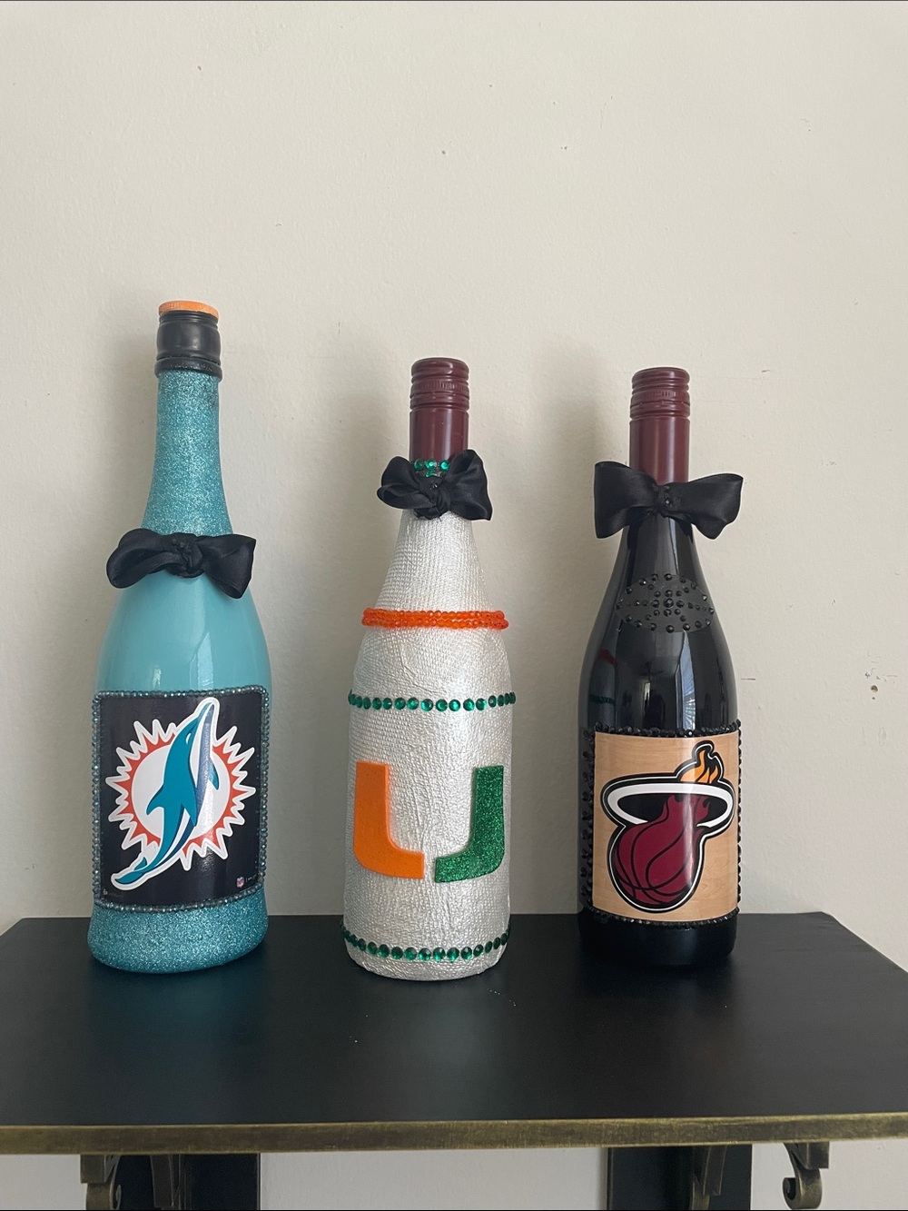 Hand-Decorated Sports-Themed Wine Bottle Set - Teal, White & Black